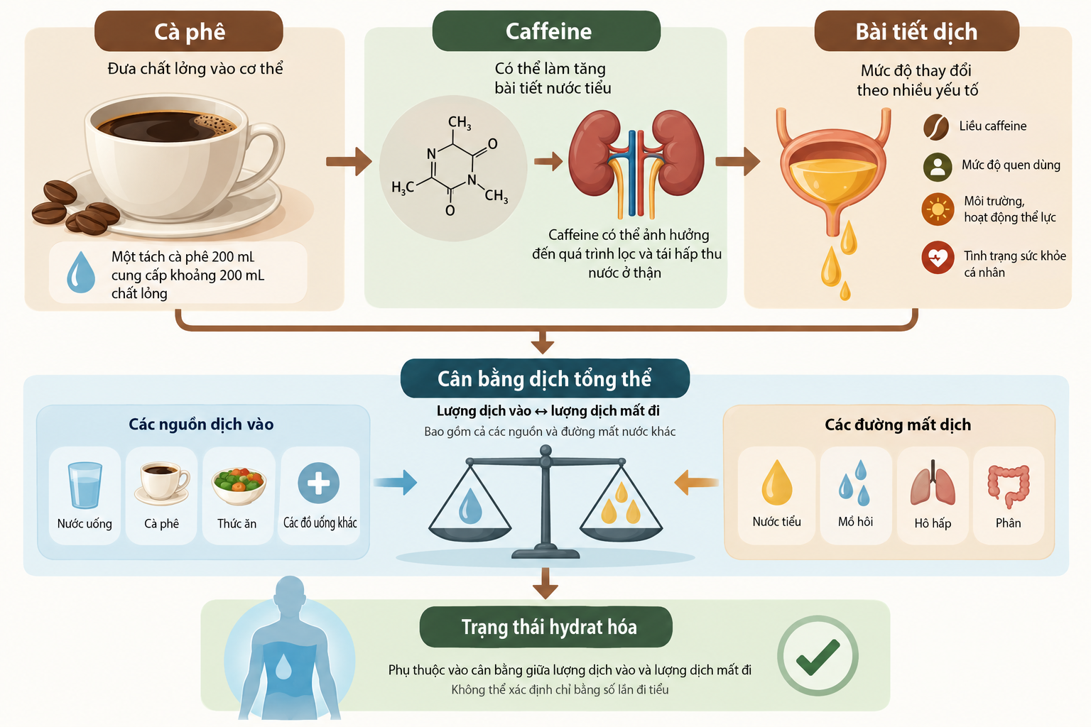 Caffeine trong cà phê ảnh hưởng đến bài tiết nước tiểu và cân bằng dịch của cơ thể