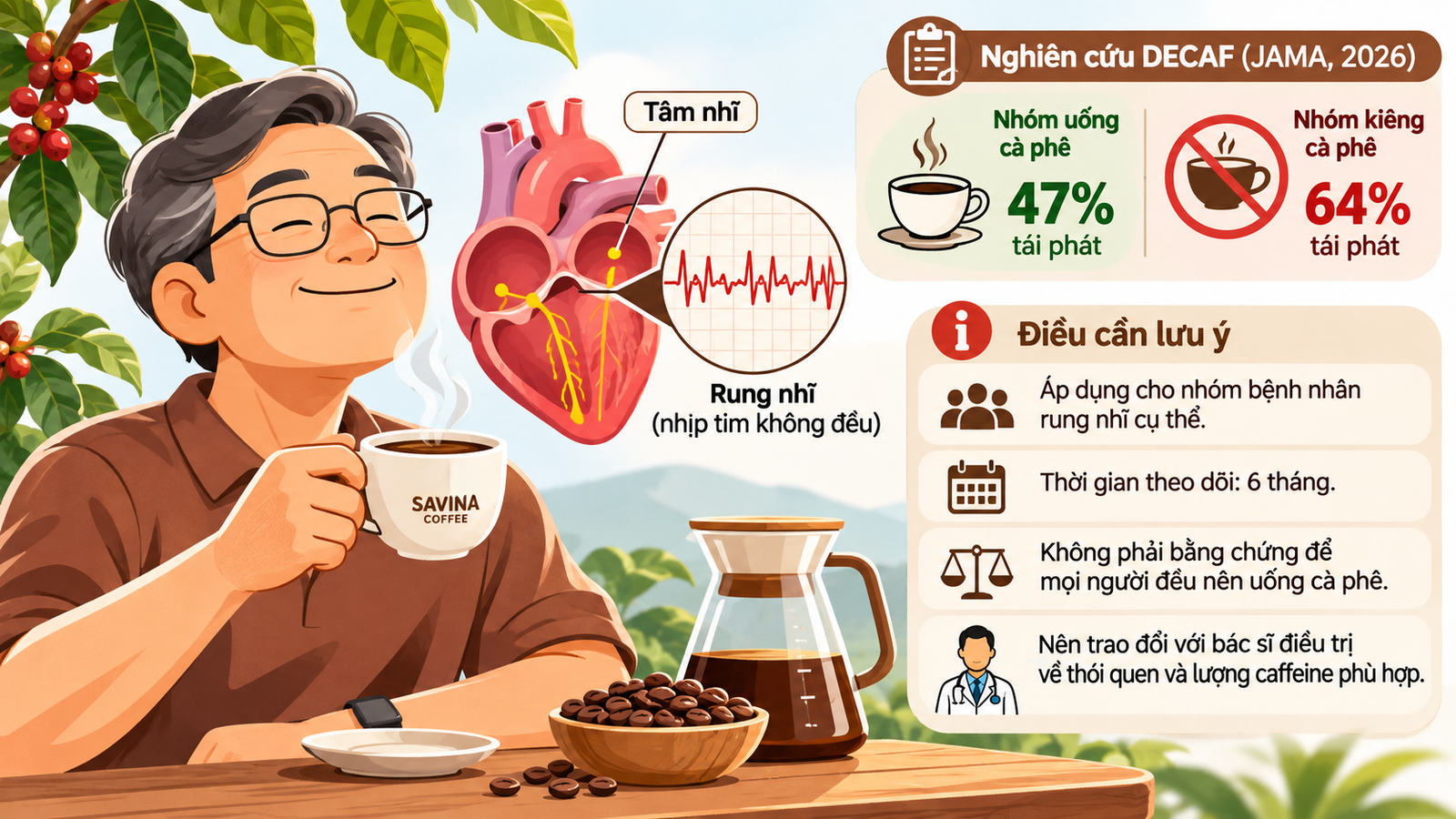 Minh họa nghiên cứu DECAF năm 2026 về mối liên hệ giữa việc uống cà phê và nguy cơ tái phát rung nhĩ.