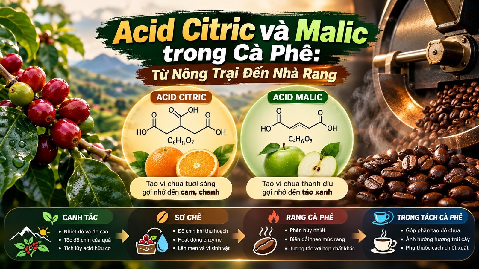 Tìm hiểu acid citric và malic trong cà phê, ảnh hưởng của độ cao, nhiệt độ canh tác, quá trình rang và cách kiểm soát độ chua, hương vị trái cây.